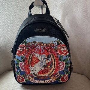 Ed Hardy Black and Colorful Graphic Backpack